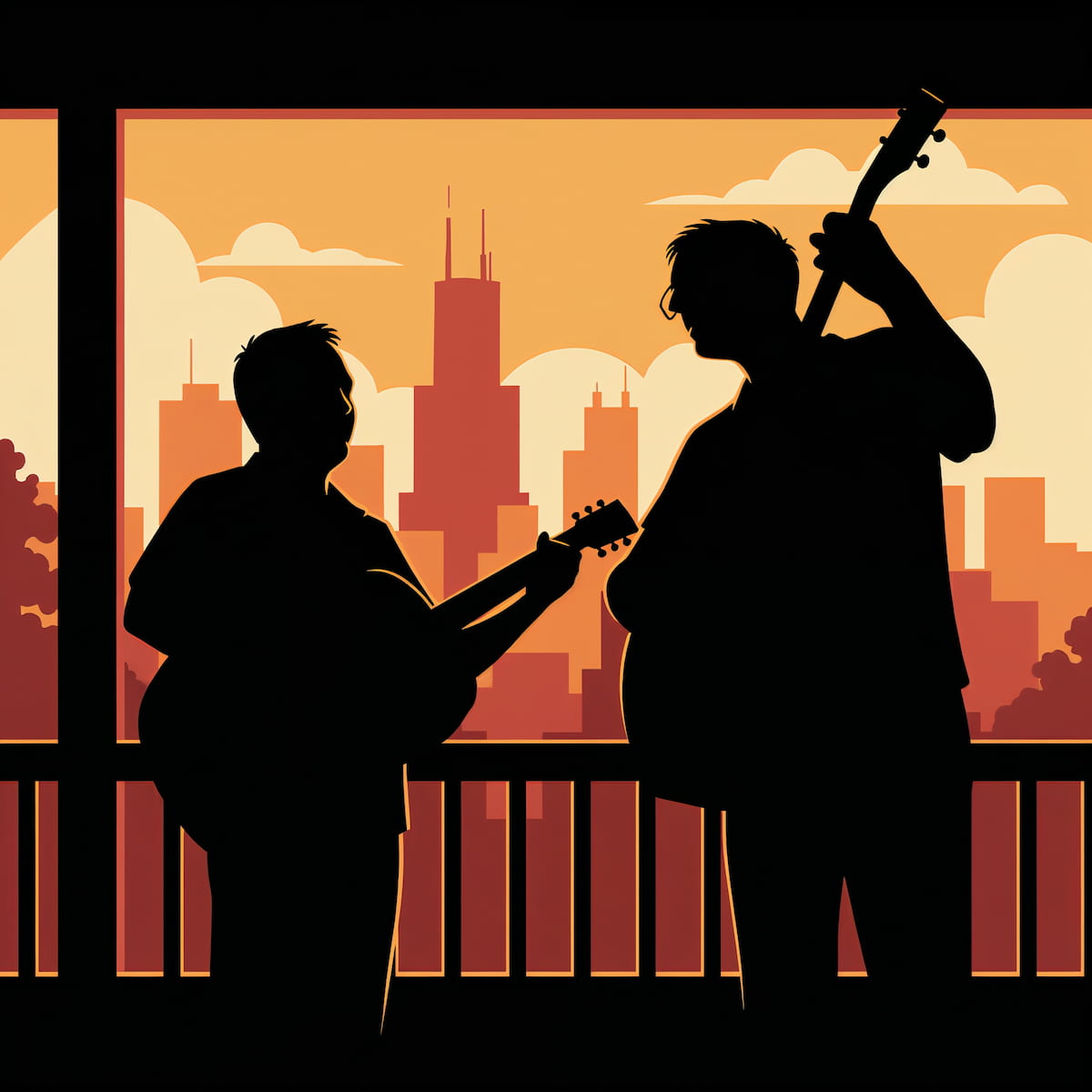 Illustrated silhouettes of Chuck and Chris playing acoustic guitars with the Chicago skyline at sunset